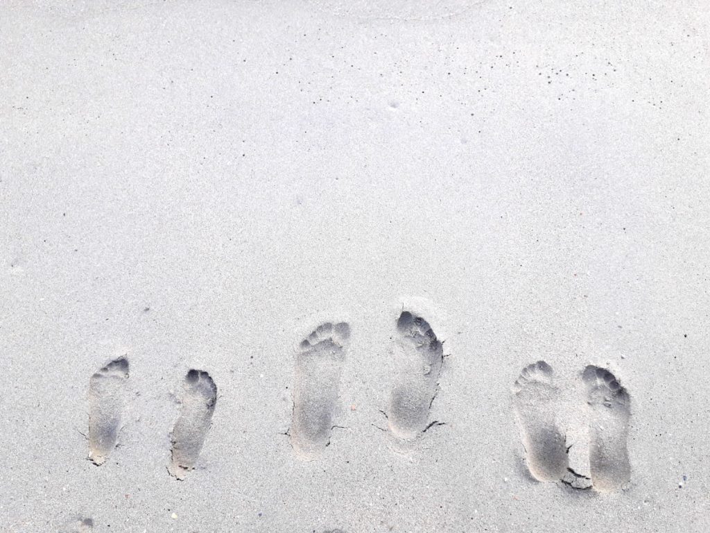 Image of three sets of footprints in sand